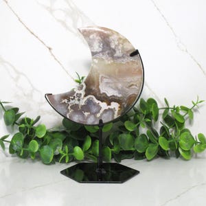 Blue Moss Agate Moon on Stand, Carved Crystal Moon Figurine, Sparkling Pink Gemstone Decor, Luna Statue, Astrology Gift for Crystal Lovers