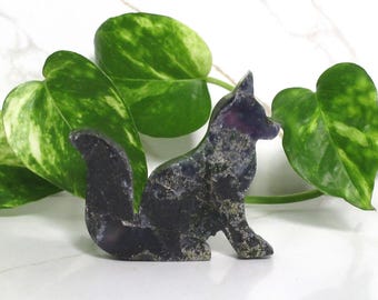 Talla de zorro de cristal, figura de zorro de ágata musgosa, estatua de piedra preciosa morada, regalo para amantes de los animales