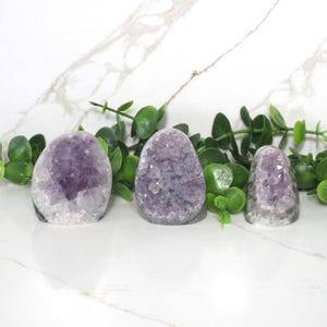May include: Three amethyst crystal geodes of varying sizes, each with a purple and white colour scheme, are arranged on a white marble surface with green foliage behind them.