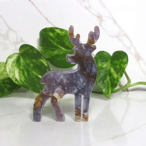 Purple Chalcedony Crystal Deer Carving – Hand Carved Stone Reindeer Figurine, Animal Lover Gift image 1