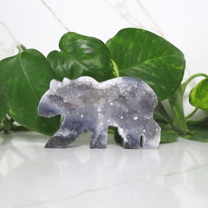 Blue Amethyst Crystal Bear Carving, Druzy Blue Gemtone Statue, Hand-Carved Stone Bear Figurine, Nature Home Decor, Animal Lovers Gift image 1