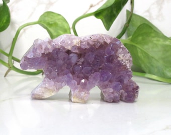 Lavender Amethyst Crystal Bear Carving, Hand Carved Purple Stone Figurine, Animal Lover Gift