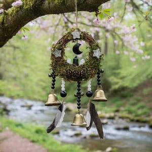 Crystal Protection Bells, Moss Witch Bells, Wiccan Door Hanging, Healing Crystal Wreath, Windchimes, Home Protection Decoration, Witchy Gift