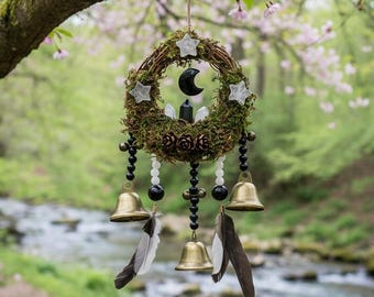 Crystal Protection Bells, Moss Witch Bells, Wiccan Door Hanging, Healing Crystal Wreath, Windchimes, Home Protection Decoration, Witchy Gift