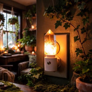 Lampe à brancher avec veilleuse en cristal | Veilleuse LED en améthyste, quartz rose, fluorite et quartz fumé avec capteur | Cadeau de décoration d'intérieur avec pierres précieuses