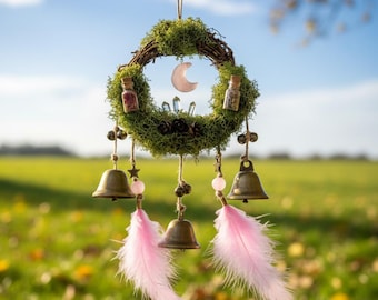 Crystal Protection Witch Bells – Moss Wreath Door Hanging, Wiccan Windchime, Love & Luck Charm, Sound Healing Home Decoration, Witchy Gift