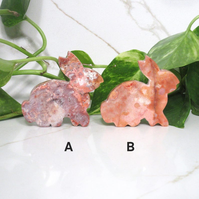 May include: Two carved stone rabbit figurines. One is a mix of pink, white, and brown, labeled "A". The other is a solid peach color, labeled "B". The bunnies are set against a backdrop of green leaves and a white surface.