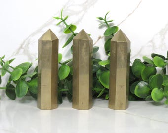Pyrite Point, Chalcopyrite Tower, Natural Gold Crystal Obelisk for Abundance & Prosperity, Metaphysical Gemstone Gift