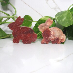 May include: Two decorative rabbit figurines. One is a solid, sparkling red-brown color, and the other is a mix of red-brown and beige. The bunnies are positioned side-by-side, with green leaves in the background.