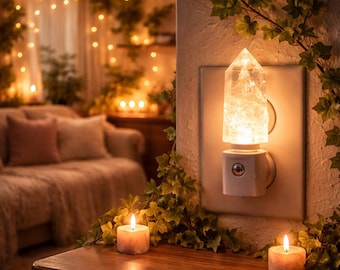 Crystal Night Light Plug In Lamp | Amethyst, Rose Quartz, Fluorite & Smoky Quartz LED Nightlight w/ Sensor | Gemstone Home Decor Gift