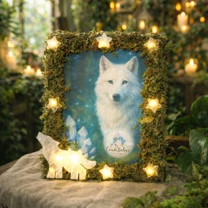 Cottagecore Light Up Crystal Picture Frame | Calcite Wolf Moss Art | LED Clear Quartz Stars | Green Witch Altar Decor | Fairycore Home Gift