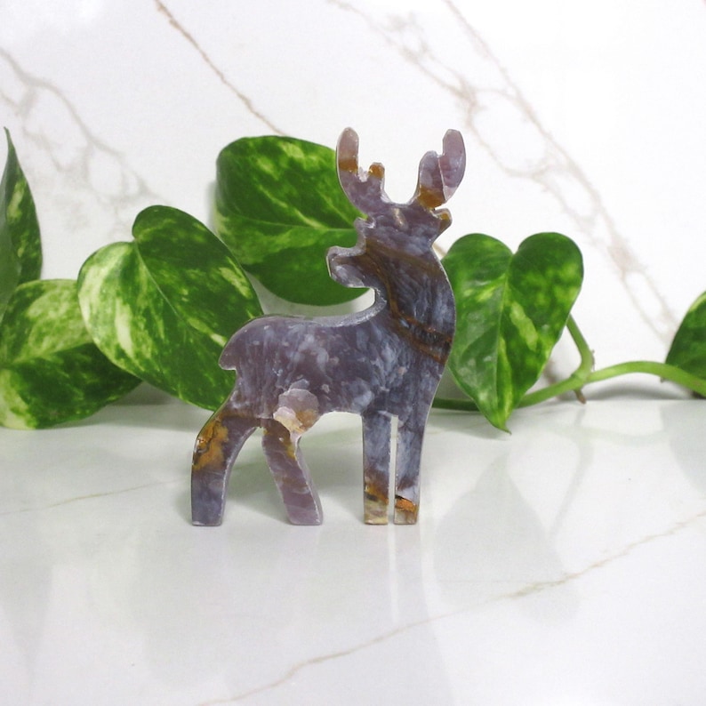 Purple Chalcedony Crystal Deer Carving – Hand Carved Stone Reindeer Figurine, Animal Lover Gift image 1
