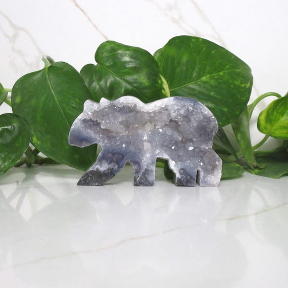 Blue Amethyst Crystal Bear Carving, Druzy Blue Gemtone Statue, Hand-Carved Stone Bear Figurine, Nature Home Decor, Animal Lovers Gift