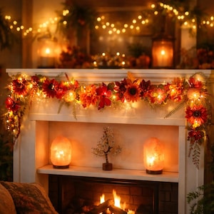 Fairy Light Fall Garland, LED Autumn Floral String with Pumpkins, Spiders & Butterflies, Halloween Mantle, Cottagecore Fairycore Home Decor