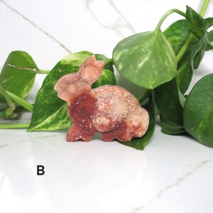 May include: A reddish-brown crystal bunny figurine with a textured surface. The bunny is set against a backdrop of green leaves and a white marble surface. The letter "B" is visible in the lower left corner.