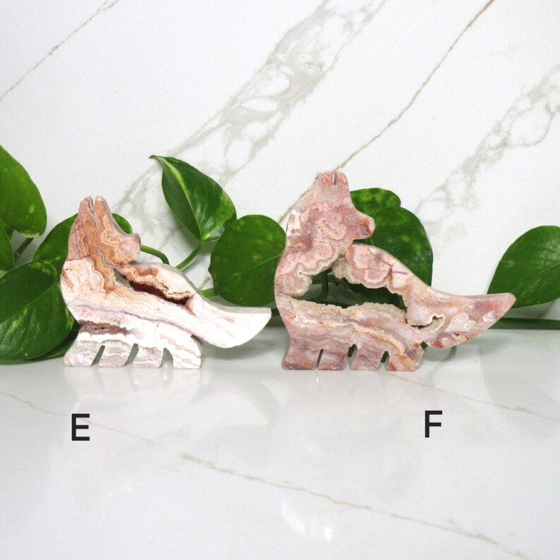 Puede incluir: Dos figuritas de animales talladas en &oacute;nix, una blanca con rayas rosas y marrones y la otra rosa con rayas blancas. Las figuritas est&aacute;n etiquetadas con "E" y "F".