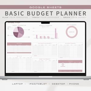 May include: A Google Sheets spreadsheet template for a basic budget planner. The spreadsheet includes sections for income, savings accounts, discretionary spending, bills, debt payments, and totals. The spreadsheet also includes a pie chart showing budget distribution, a bar chart showing budget versus spending, and a circle showing the amount of money left in the budget.