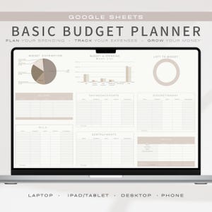 May include: A Google Sheets template for a basic budget planner. The template includes sections for income, savings accounts, discretionary spending, bills, debt payments, and totals. The template also includes a pie chart for budget distribution and a bar chart for budget vs. spending.