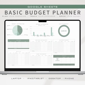 May include: A Google Sheets template for a basic budget planner. The template includes sections for income, savings accounts, discretionary spending, bills, debt payments, and totals. The template also includes a pie chart showing budget distribution and a bar chart showing budget versus spending. The template is designed to help users track their finances and plan their spending.