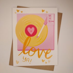 Tarjeta de San Valentín con tocadiscos de música, amarilla y rosa, pequeña obra de arte original, te amo, amistad, linda, en blanco, con sobre