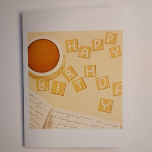 Cartão de aniversário de peças de Scrabble, em branco, aconchegante, pequeno, feito à mão, café, livraria, amante de livros, com envelope