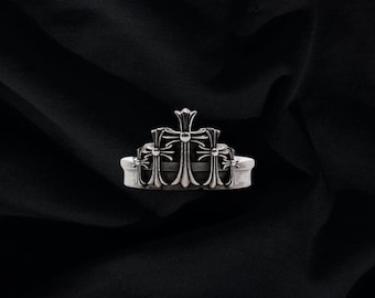 925 Anillo cruzado de triple corona de plata, estilo corazón cromado plateado