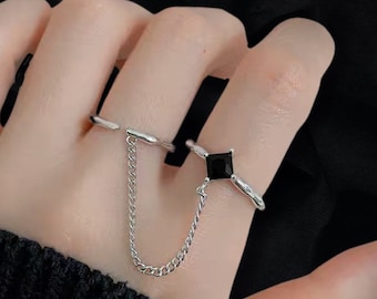Anello doppio con catena in onice, gioielli alla moda di Instagram, stile moda TikTok di Insta Inspo, tendenze di Internet, regalo per la fidanzata, regalo per l'amica