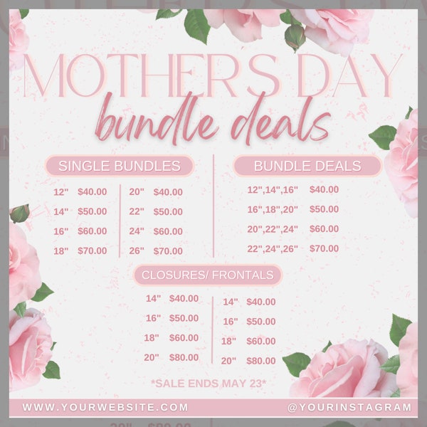 Mother's Day Bundle Deals, Mothers Day Sale, Hair Price List, Appointment Flyer,  Lash Sale, Hair, Nails, Canva Template