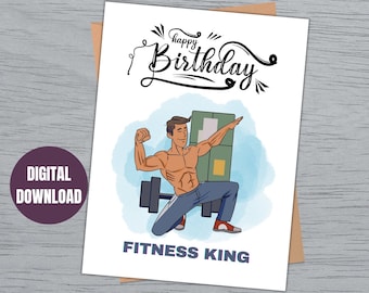 Könnte beinhalten: Ein digitaler Download einer Geburtstagskarte mit einer Cartoon-Illustration eines muskulösen Mannes, der Gewichte hebt. Die Karte hat einen blauen Aquarellhintergrund und den Text "Happy Birthday" und "Fitness King".