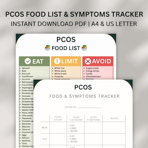 Puede incluir: Un rastreador digital de alimentos y síntomas de SOP. El PDF imprimible incluye una lista de alimentos para comer, limitar y evitar, además de un rastreador semanal para controlar la ingesta de alimentos y los síntomas. Disponible en tamaños A4 y US Letter.