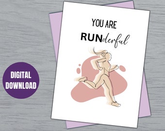 May include: A white card with pink accents features a line drawing of a runner with the text "You are RUNderful".
