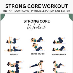 Puede incluir: Un PDF imprimible con fondo blanco que presenta una guía de "Strong Core Workout". La guía incluye ilustraciones de ejercicios como Dead Bug, Seated Crunch y Reverse Crunch. El texto en la parte superior dice "Descarga instantánea | PDF imprimible | A4 & US Letter."