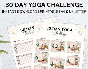 Può includere: Tabella di sfida di yoga di 30 giorni stampabile con un design floreale. La tabella include un calendario per tenere traccia dei progressi e un elenco di pose di yoga con illustrazioni.