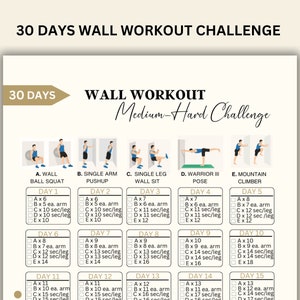 30 Day Wall Exercise challenge, Printable Wall Exercise , Home Workout Challenge, Wall Pilates Guide, Wall Workout Guide, Printable workout