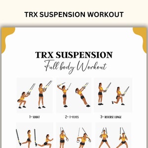 Può includere: Una routine di allenamento TRX in sospensione con illustrazioni di sei esercizi diversi: squat, T-flyes, affondo inverso, remata, curl bicipiti ed estensione tricipiti.