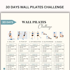 Desafio de 30 dias, treino de Pilates na parede, exercício na parede para mulheres, desafio de treino em casa, desafio de barriga lisa, download instantâneo, para impressão
