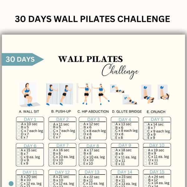 30 Day Challenge Wall Pilates Workout, Wall Exercise for Women, Home Workout Challenge, Flat Stomach Challenge, Instant Download, Printable