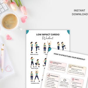 May include: A white desk with a cup of coffee, pens, and a notepad. Two printed pages display a "Low Impact Cardio Workout" with exercise illustrations and "How to Structure Your Workout" information. The image includes the text "Instant Download PDF".