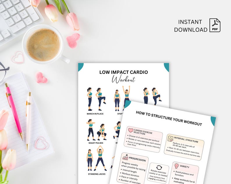 May include: A white desk with a cup of coffee, pens, and a notepad. Two printed pages display a "Low Impact Cardio Workout" with exercise illustrations and "How to Structure Your Workout" information. The image includes the text "Instant Download PDF".