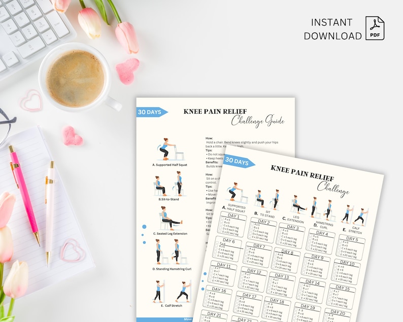 May include: Two printable guides for a 30-day knee pain relief challenge. The guides feature exercise illustrations and a daily checklist. The words "Instant Download" and "PDF" are visible in the upper right corner.