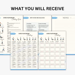 May include: A set of printable guides and a challenge tracker for knee pain relief. The guides feature exercise illustrations and instructions. The text "WHAT YOU WILL RECEIVE" is displayed at the top of the image.