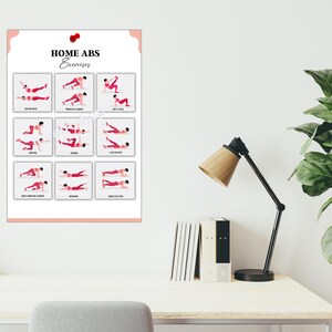May include: A printable poster with a pink background and the title "HOME ABS Exercises". The poster features 12 illustrations of different abdominal exercises.