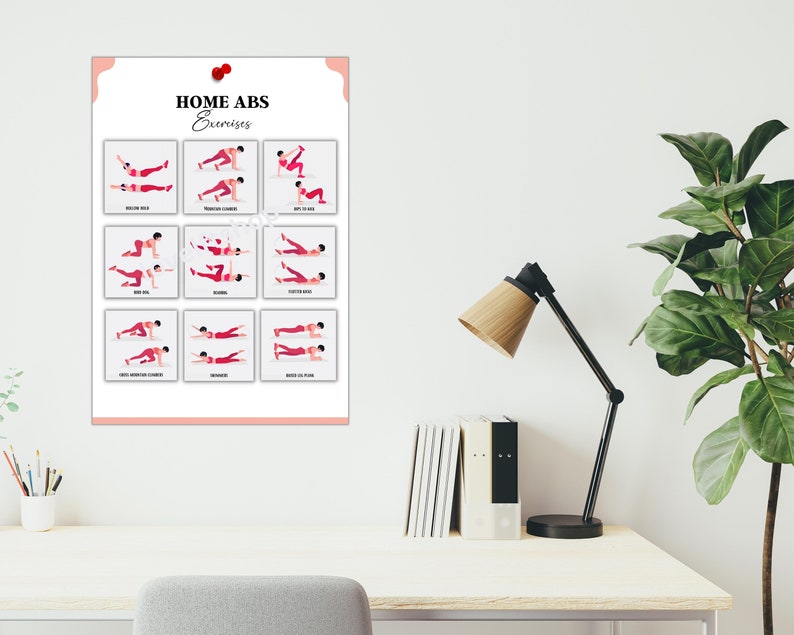 May include: A printable poster with a pink background and the title "HOME ABS Exercises". The poster features 12 illustrations of different abdominal exercises.