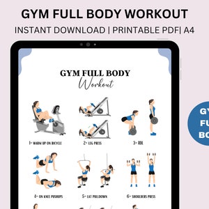 May include: A printable workout routine for a full body gym workout. The routine includes six exercises: warm up on a stationary bike, leg press, Romanian deadlift, on-knee pushups, lat pulldown, and shoulder press. The exercises are illustrated with stick figures.
