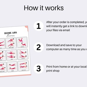 May include: A printable workout chart with illustrations of 12 different ab exercises. The chart is titled "HOME ABS Exercises". The chart is divided into three sections, each with four exercises. The chart is designed to be printed and used at home.