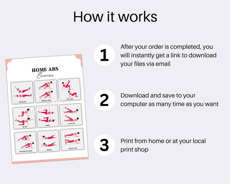 May include: A printable workout chart with illustrations of 12 different ab exercises. The chart is titled "HOME ABS Exercises". The chart is divided into three sections, each with four exercises. The chart is designed to be printed and used at home.