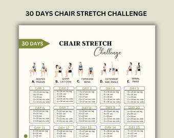 30 Day Chair Stretching Challenge, Chair Stretch Routine, Home Workout Women, WorkoutTracker, Fitness Planner, Printable Chair Workout