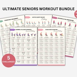 Könnte beinhalten: Ein Set aus fünf Trainingsplänen für Senioren, mit Illustrationen von Übungen. Die Pläne tragen Titel wie "Tägliche Stuhlbewegung" und "Sanfte Gelenkentlastung". Der Text "Ultimate Seniors Workout Bundle" befindet sich oben.