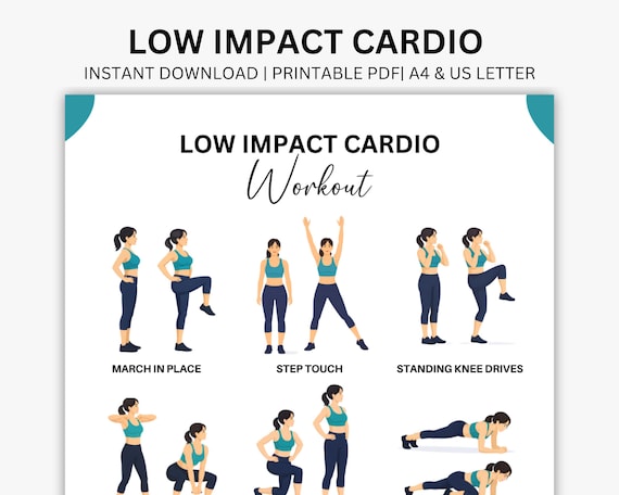 Low Impact Cardio Workout, At Home Cardio Exercises, Joint Friendly Fat Burning Workout, Beginner Cardio Routine PDF, Cardio Exercise Poster