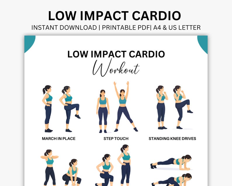 May include: A printable PDF workout guide titled "Low Impact Cardio." The guide features illustrations of exercises such as marching in place, step touch, and standing knee drives. The text includes "Instant Download" and "A4 & US Letter."